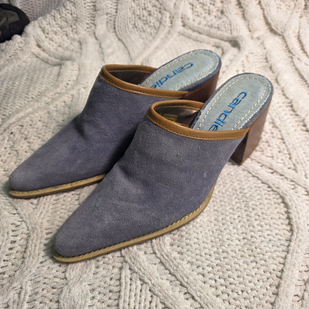 VTG Candie's Pointed Toe Mules Blue Suede Leather Denim Lined Womens 7 Excellent